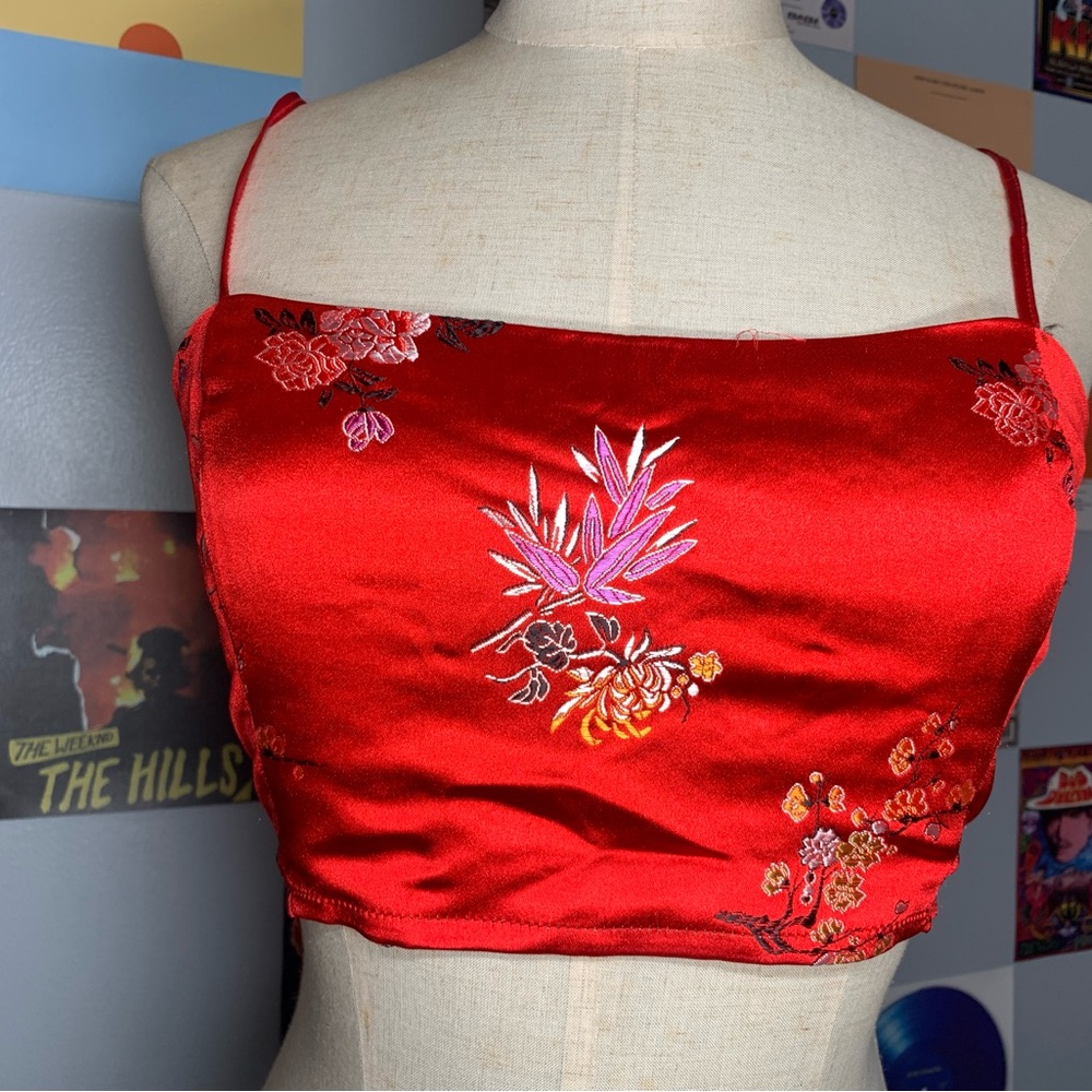 Silky Satin Red Floral Bralette Crop Top Chinese Print for Christmas Holiday